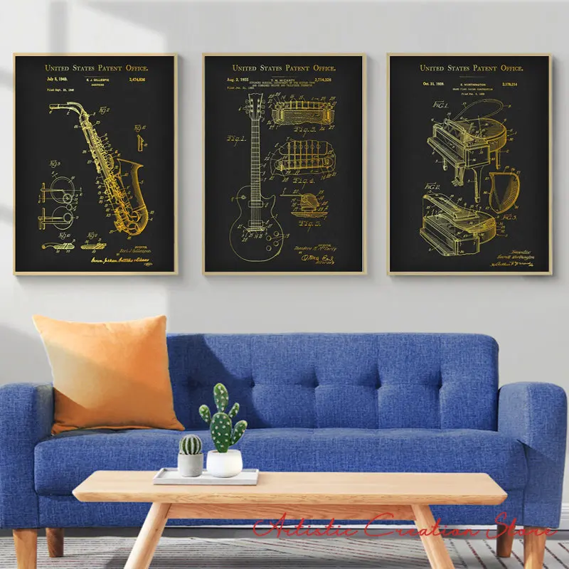 Musical Instruments Patent Prints Poster Gold Saxophone Patent Piano Blueprint Guitar Drawing Music Canvas Picture Home Decor