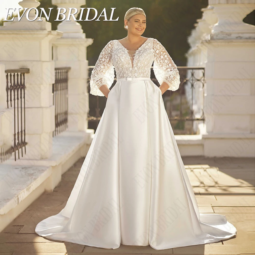 EVON BRIDAL V-Neck Plus Size Wedding 2025 new Dresses For Women Puff Sleeves Sequin Bride Gown With Pockets Classic Satin Bridal Dresses