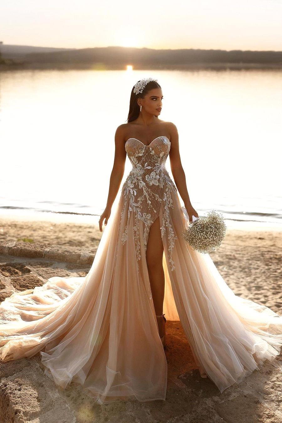 Champagne Sweetheart Tulle A e Beach Wedding Dresses Bridal Gown Lace Applique Beaded High Split Ruched Sweep Train Country Custom Plus Size Vestido D
