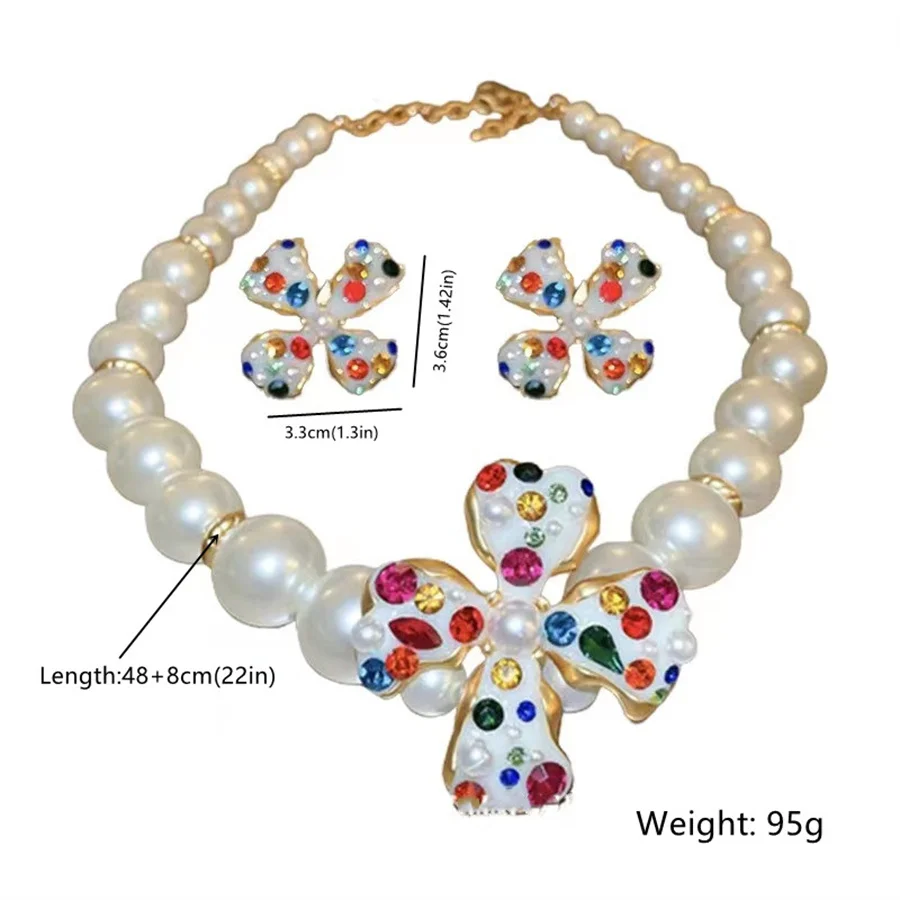 Style Pearl Korean FYUAN Necklace Earrings For Women Colourful Flower Crystal Ear Clip Earrings Weddings Banquet Jewelry Sets smile