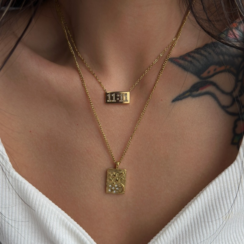 Chain For Man 11 Zircon Alarm Clock Design Square woman necklace Necklace - 18K Gold Plated Tarnish Free Stainless Steel Crystal