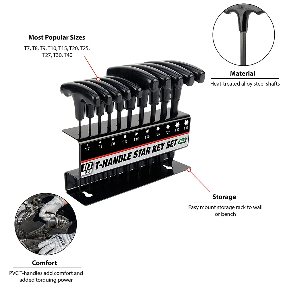 10pc new 2025 Metric or Inch T-Handle Hex Key Allen Wrench Tool Set or Star T-Handle Hex Key Set with Convenient Storage Stand
