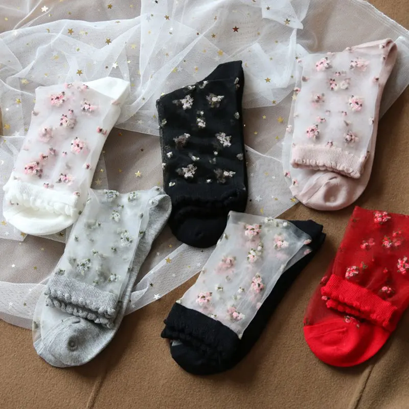 Flower Socks Summer Translucent ddmysmile Women Ultra-Thin Ankle Socks Girl 'S Silk Elastic Mesh Japanese Style Jacquard Short Sockings Smile �