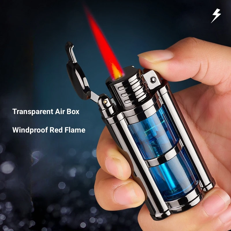 Mechanical Modeling Butane Gas Lighter Metal Outdoor Windproof Red Flame Turbo Jet Transparent Air Window Cigarette Lighter Gift