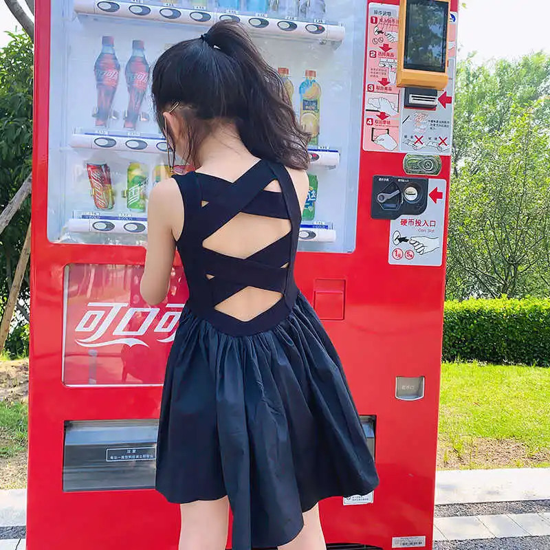 Young Girls Elegant Goth Dresss Black Sleeveless Tutu Dress Backless Off Shoulder Party Kid Dresses 4 5 6 8 9 10 11 12 Years Old 240527