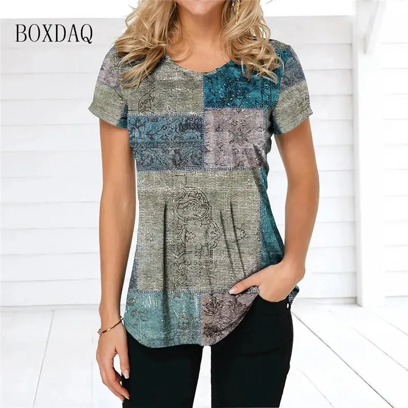 Short Sleeve Plaid 2025 Women T-Shirts Vintage 3d Print Gradient Female new T Shirt 6XL Plus Size Ladies Clothing O-Neck Casual Tops Tee