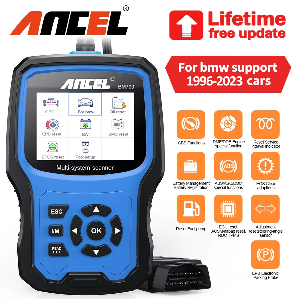ANCEL BM700 ODB Code Reader OBD2 Scanner Injector Coding EPB SAS Airbag ABS Oil Reset Automotive Diagnostic Tool For BMW