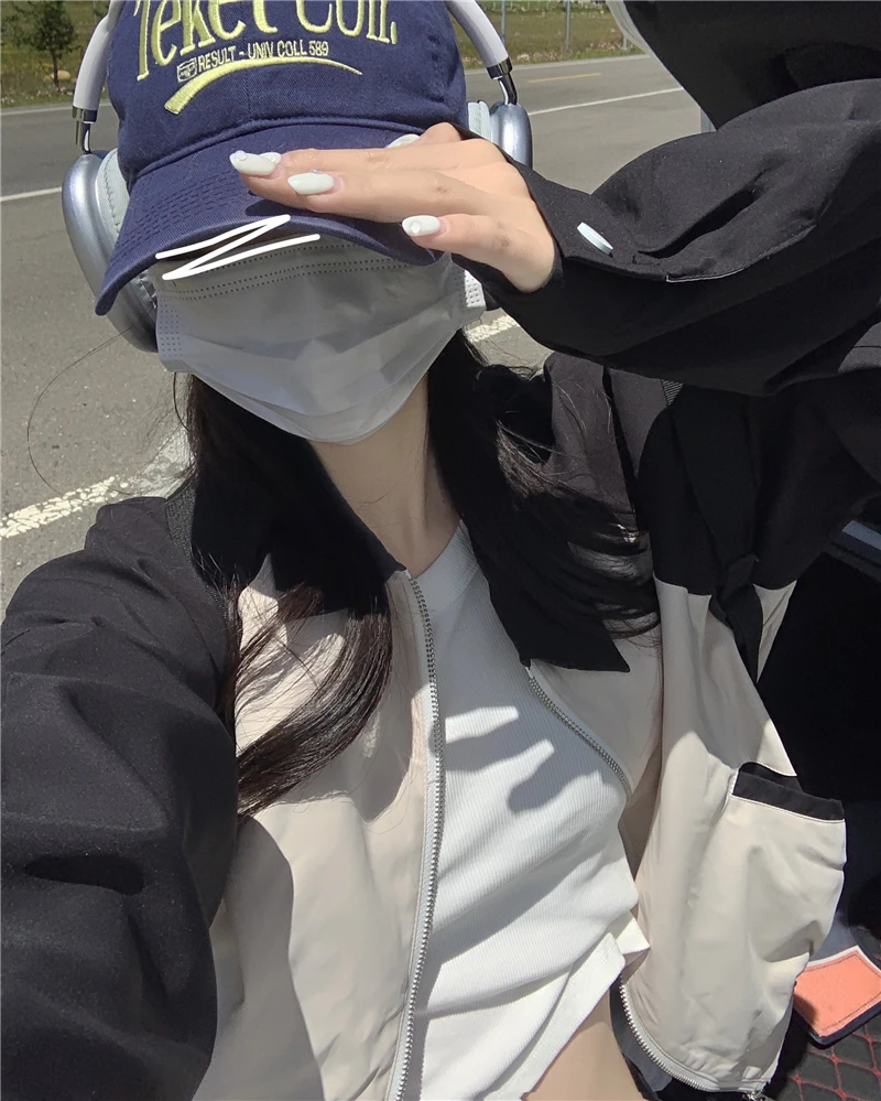 Cropped Jacket Women Korean Patchwork Casual College Track Jackets Female Streetwear Zipper Loose Sports Varsity Windbreaker New smile