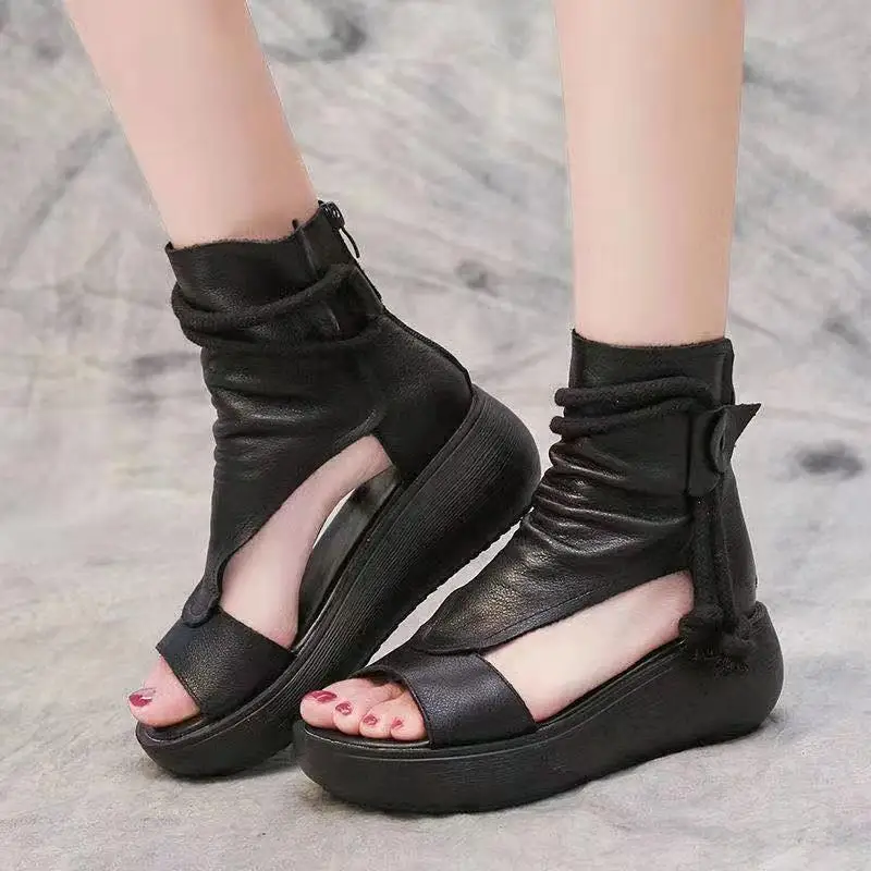 Summer Black Women Leather Sandals Cool Boots Platform Shoes Wedges Sandals Women Shoes Fashion Outdoor Sandals