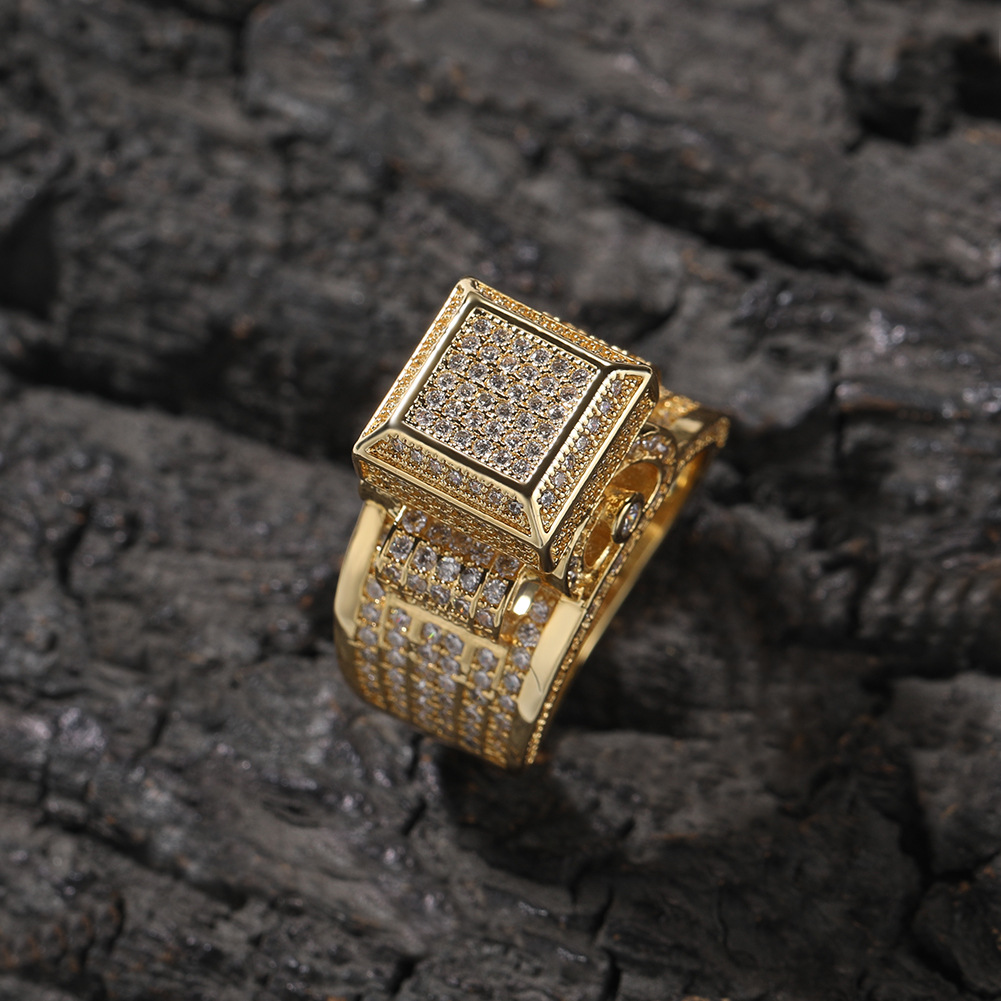 Hip Hop Cool Men Classic Square Casting Rings 5A Zircon 18K Real Gold Plated Jewelry Gifts