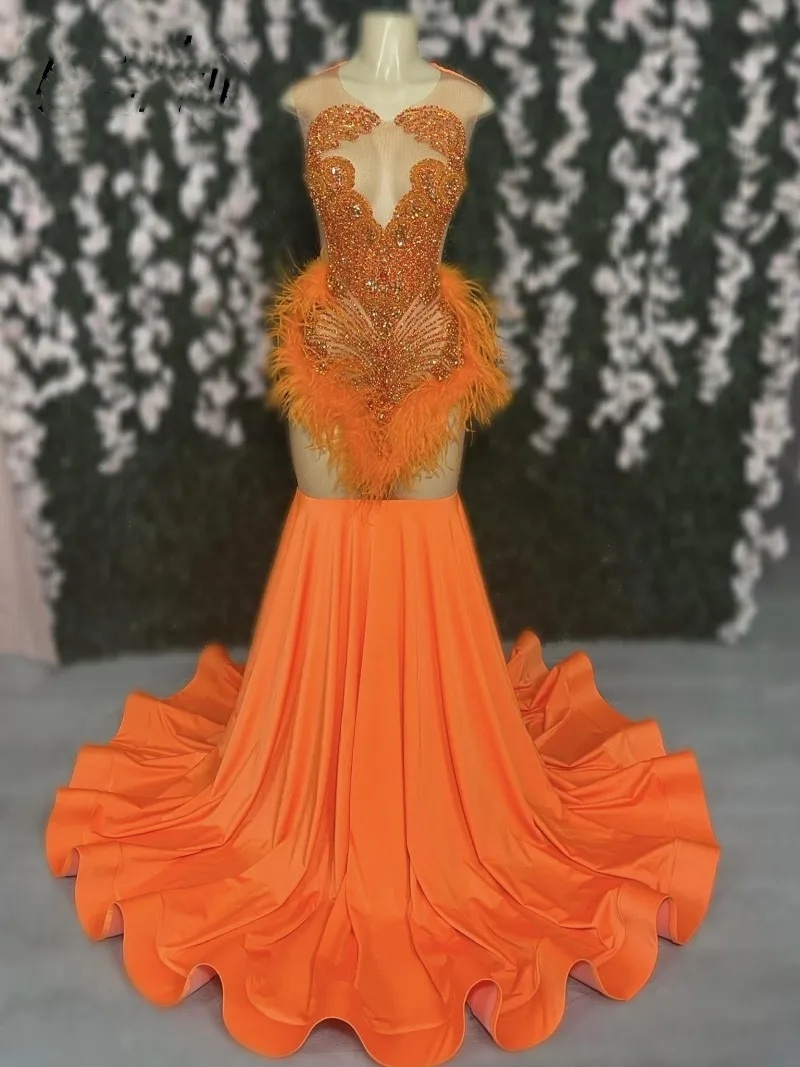 Orange Prom Dresses For Black Girls 2024 Rhie Elegant Graduation Dress Feathers African vestidos de gala