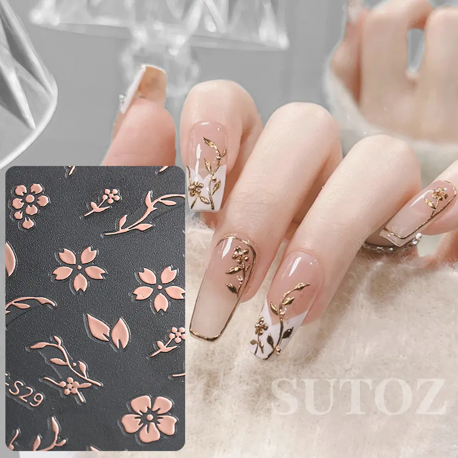 Flowers Nails Stickers Sakura Rose Gold White Cherry Blossom Foliage Gorgeous Florals Manicure 3D Nail Charming Ornament BTF-S29 smile