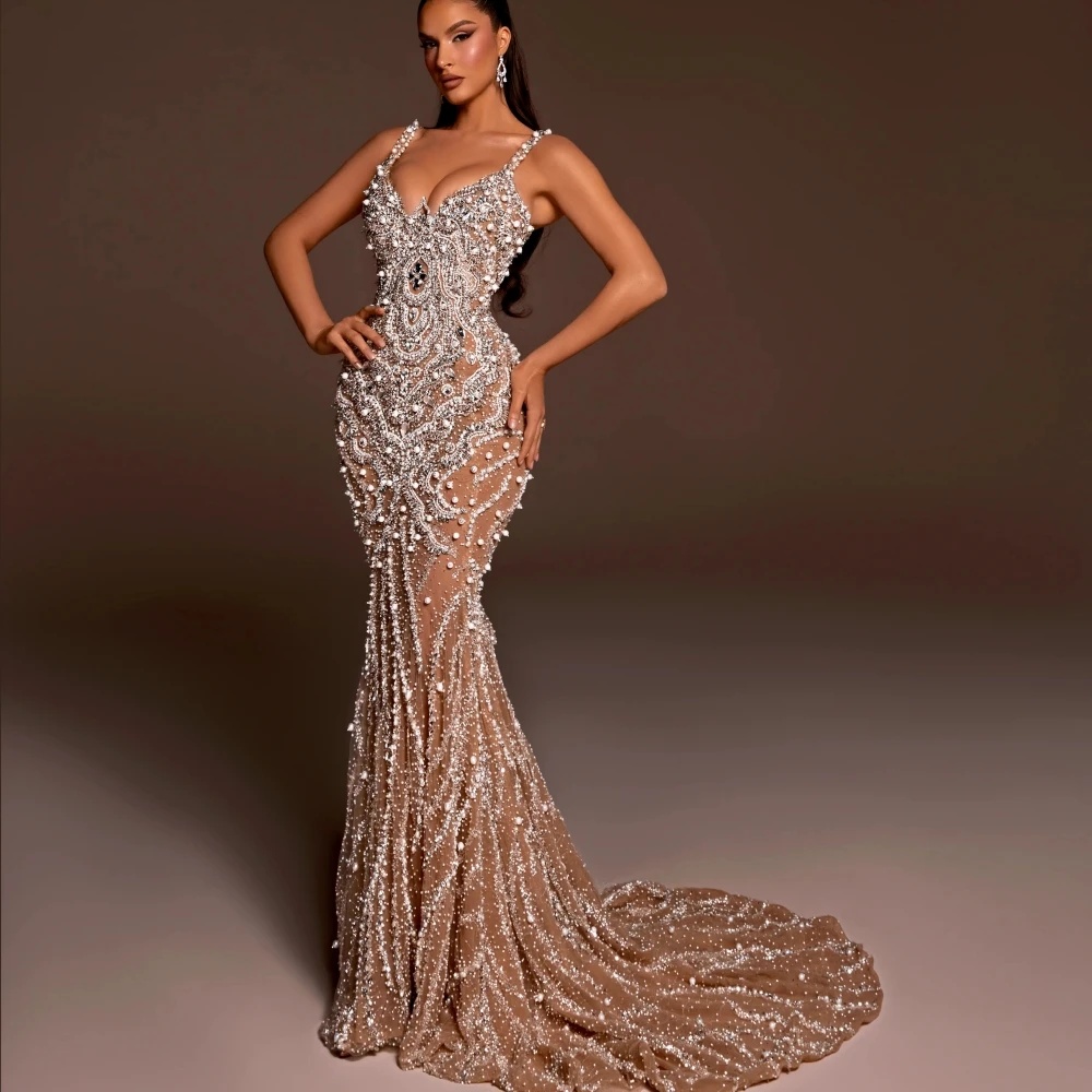 Wedding Dresses Crystal Pearls Mermaid Bridal Gowns Spaghetti Straps Lace Up Custom Made Sweep Train Bride Vestido De Novia 0219