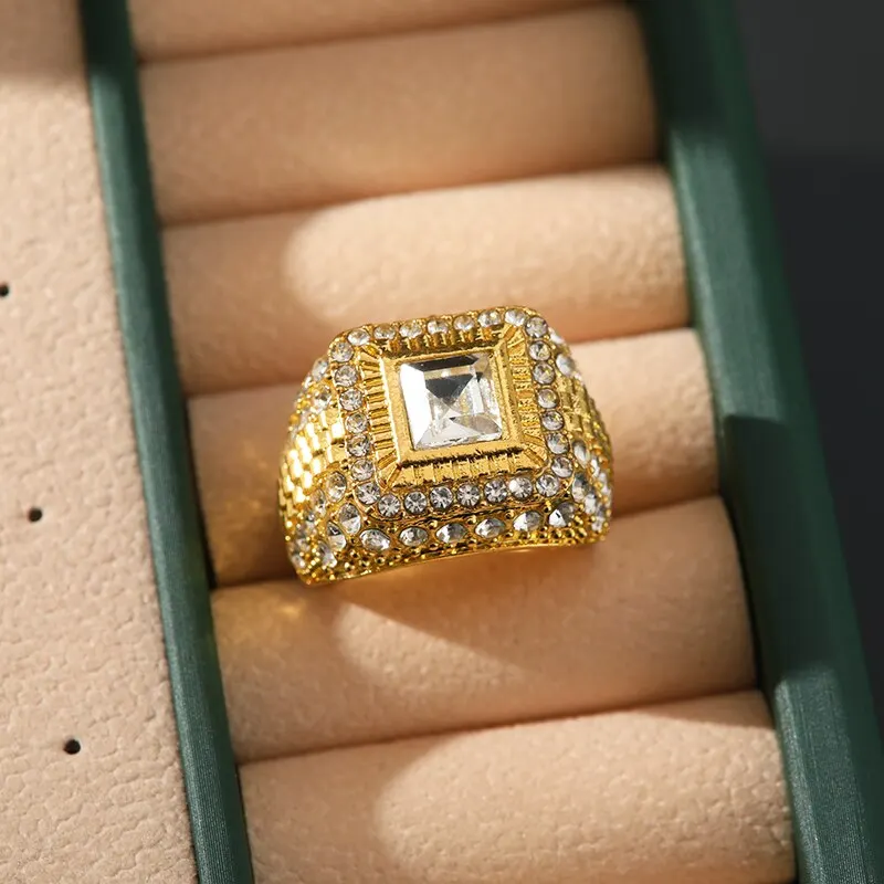 Gold-color Men 1pcs Ring Hip Hop Trendy Street Handmade Point Glass Rhinestones Multiple Sizes Available Zinc Alloy Jewelry smile