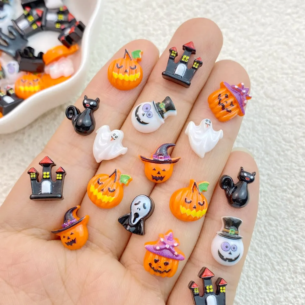Cute Resin New 50Pcs Mini Halloween Ghosts Animals Series Flat Back Manicure Parts Embellishments For Hair Bows smile