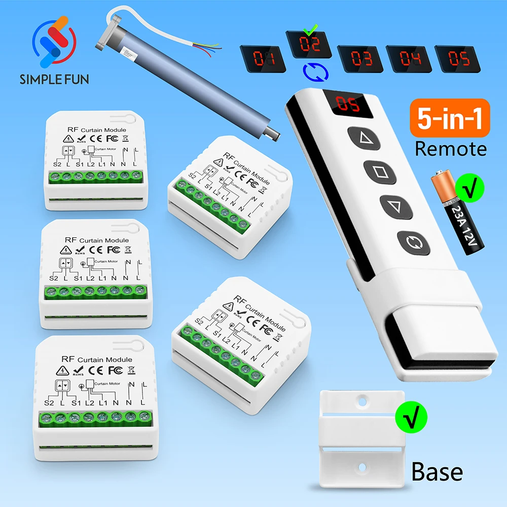 433Mhz Roller Shutter Curtain Switch and 5-in-1 Remote Control 110V 220V 16A RF Module for Remote Control Blind/Garage/AC Motor