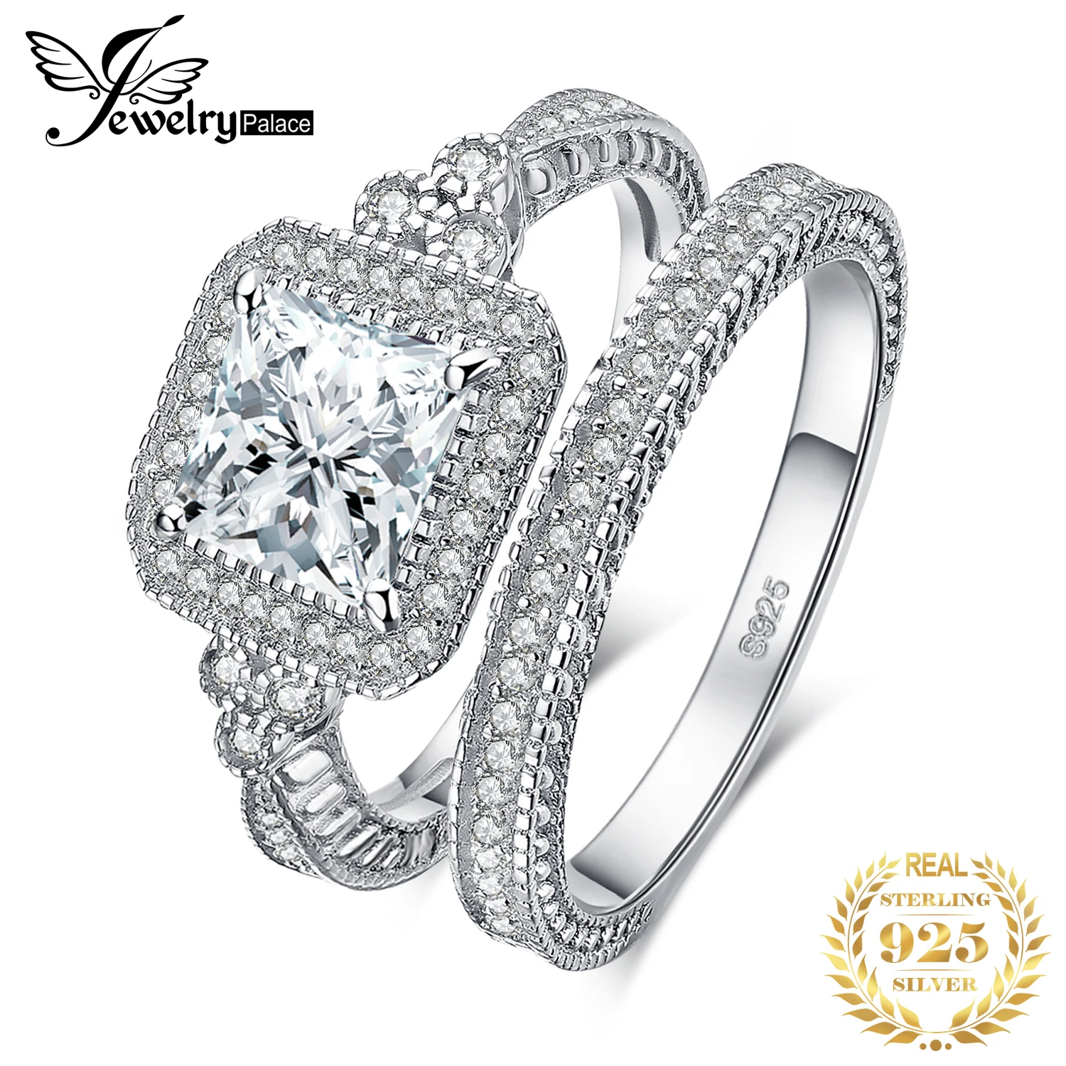 CLEARANCE JewelryPalace 925 Sterling Silver Band Ring Sets Woman CZ Moissanite Bridal Sets Luxury Rose Gold Jewelry for Women