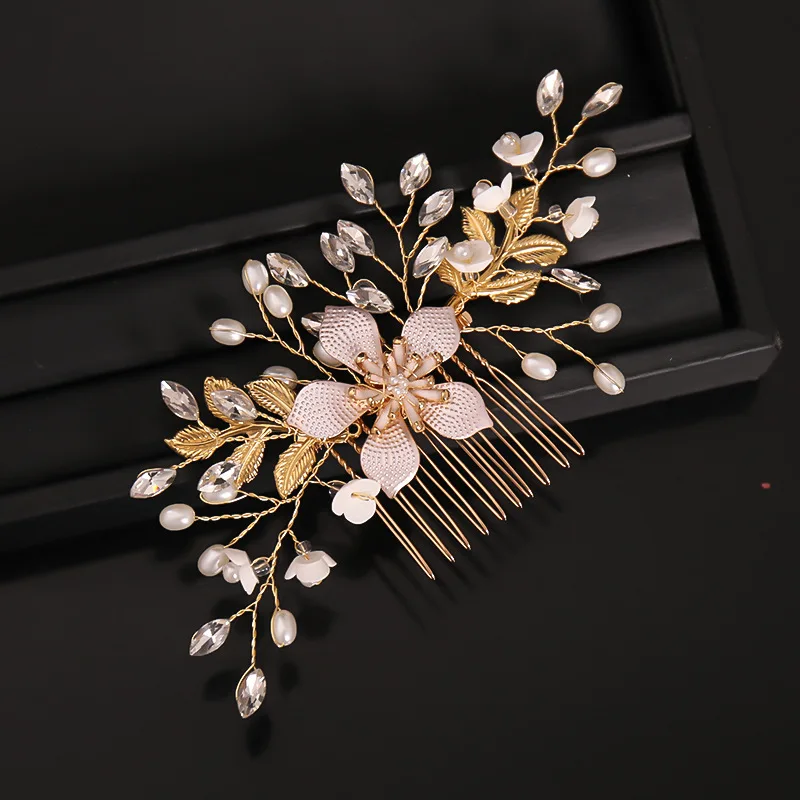 Pearl Flower Bridal Wedding Hairpin Side Comb Golden Leaf Shaped Alloy Tiaras Insert Jewelry Comb Hair Jewelry Bride Headwear smile