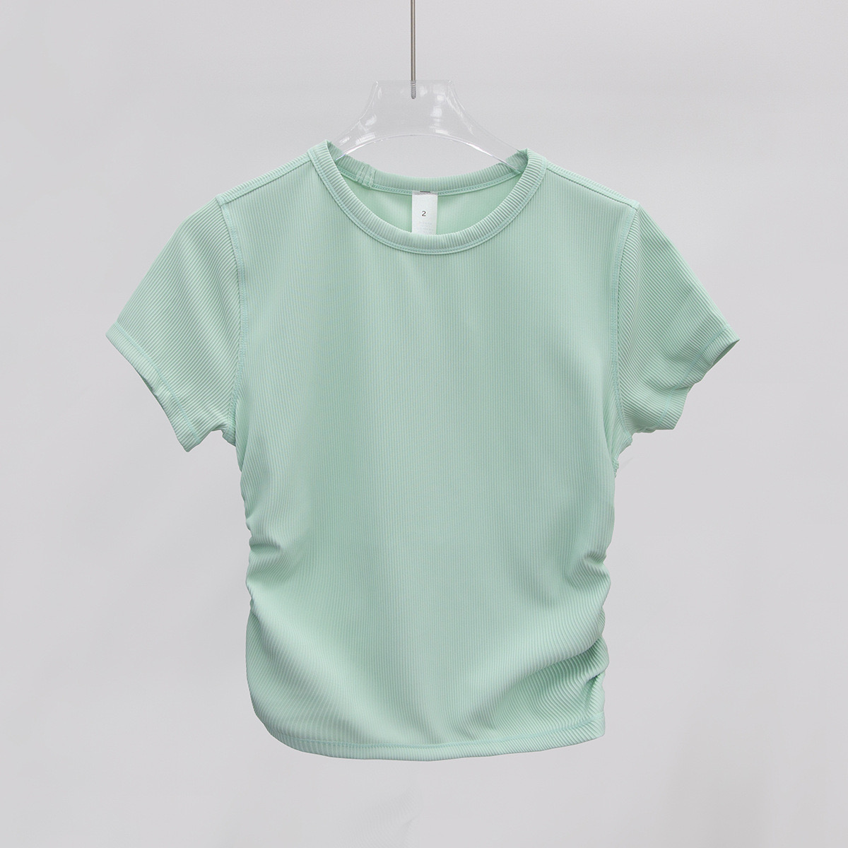 Yoga T-shirt Summer Top Womens Ribber Round Collar Short Sleeve Elastic Drawstring Sports Fiess Solid Color