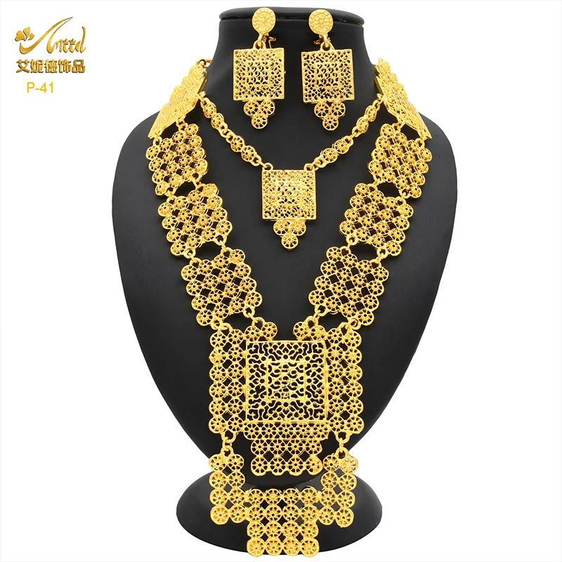 ANIID African 24K Gold Color Jewelry Sets Wedding Dubai Necklace Earrings For Women Nigerian Indian Bridal 2PCS Set Party Gifts