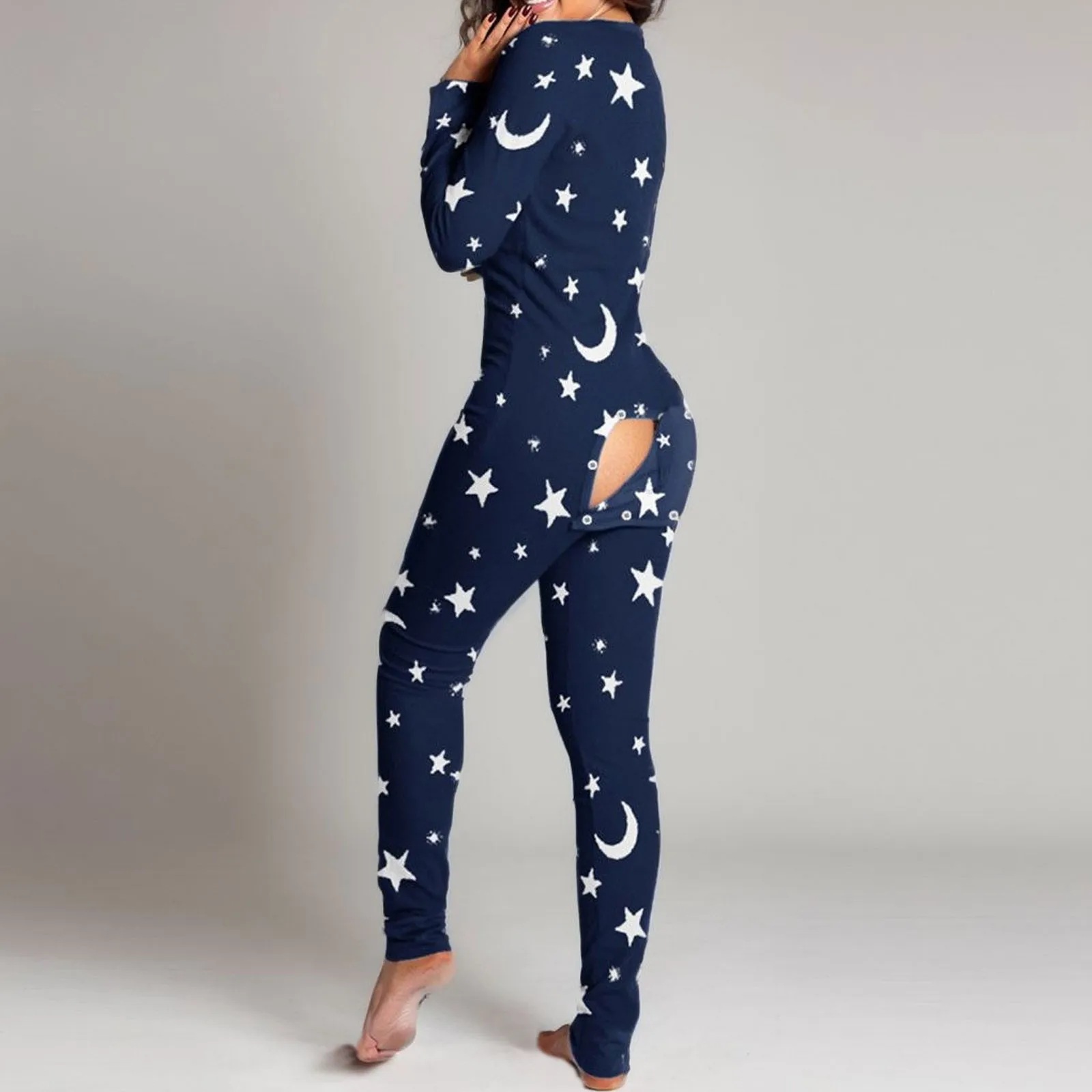 Sexy Pyjama Women'S new Jumpsuit Suit Button-Down Front Back Butt Bum Open Flap Jumpsuit Loungewear Christmas 2025 Print Buttoned New