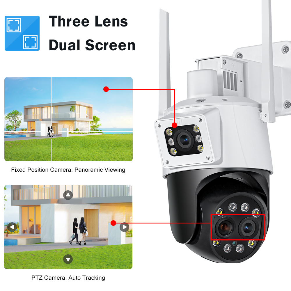 Outdoor 6K 12MP Wifi IP Camera with 10X Optical Zoom Three Len Lens Dual Screen Surveillance 4K 8MP Video CCTV Security Camera