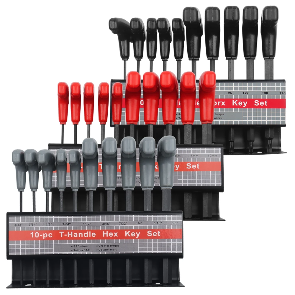 10pc new 2025 Metric or Inch T-Handle Hex Key Allen Wrench Tool Set or Star T-Handle Hex Key Set with Convenient Storage Stand