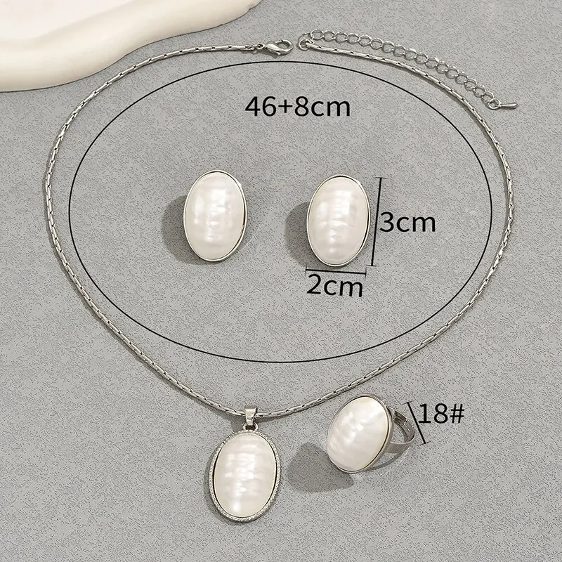 Oval Korean Pearl Chain Necklace Earring Ring Set For Women Natural Pearl Gold Plated Adjustable Ring Jewelry Set smile