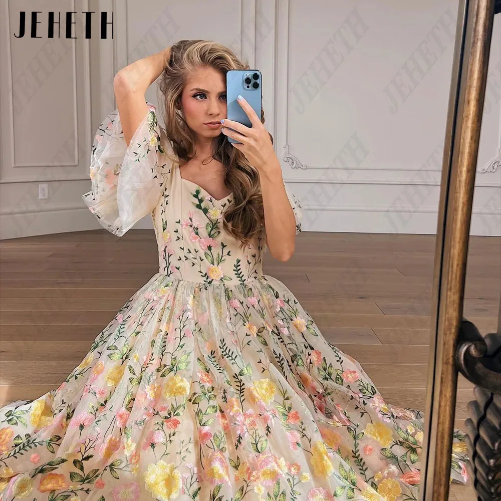 JEHETH Floral A-Line Lace Prom Dresses Embroidery V-Neck Short Sleeves Tulle Tea-Length 2025 new Vestidos De Gala Formal Party Gowns