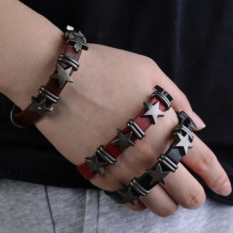 Star Cowboy Bracelet Vintage Wrap Leather Men Punk Rock Pentagram Spikes Rivet Gothic Wide Cuff Bangle Y2K Jewelry Accessories smile