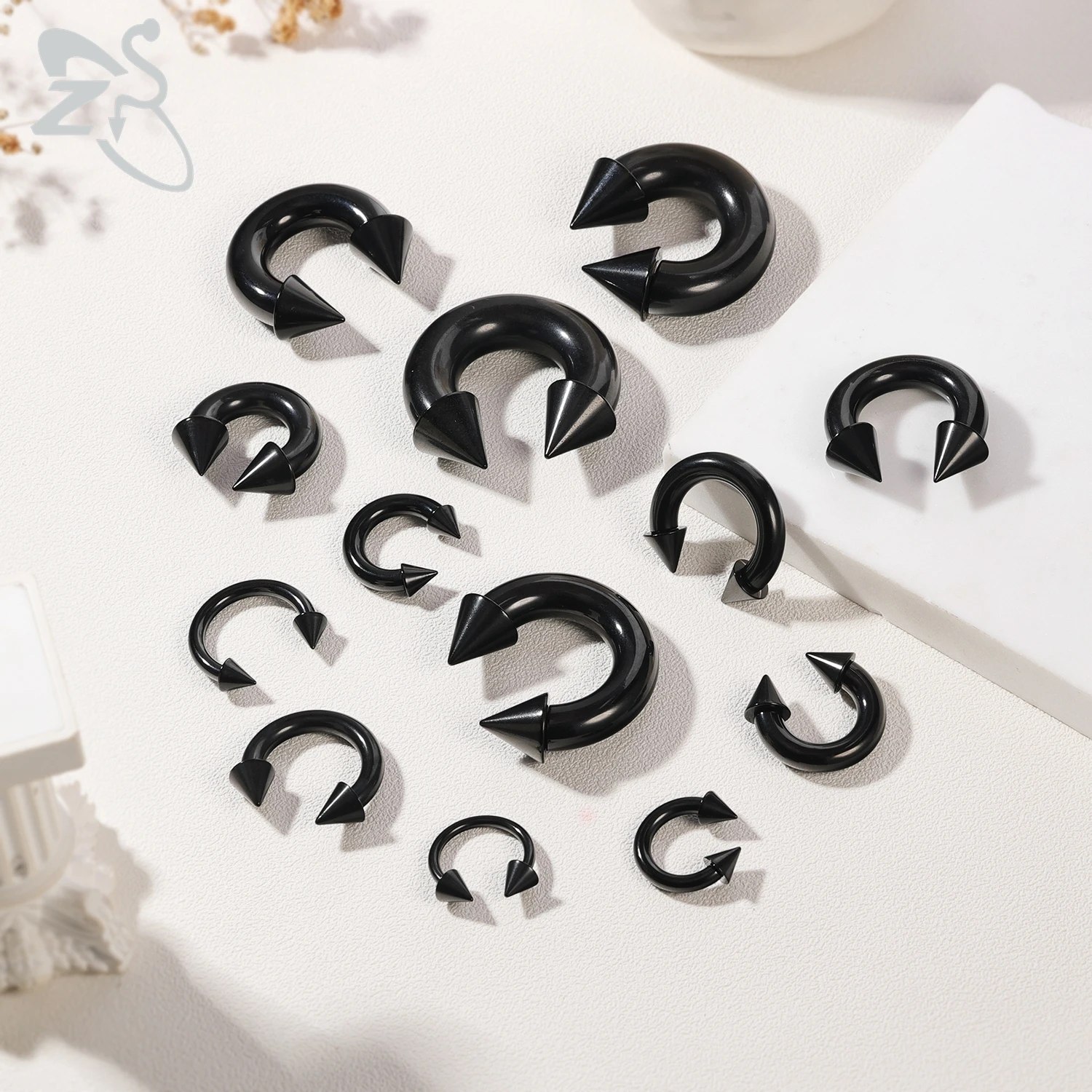 ZS 1PC Black Color Spike Horseshoe Nose Ring Stainelss Steel Cone Large Gauge Piercing Barbell Septum Nose Ear Expander 2/4/6/8G