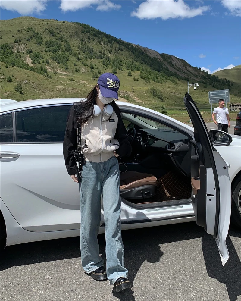 Cropped Jacket Women Korean Patchwork Casual College Track Jackets Female Streetwear Zipper Loose Sports Varsity Windbreaker New smile