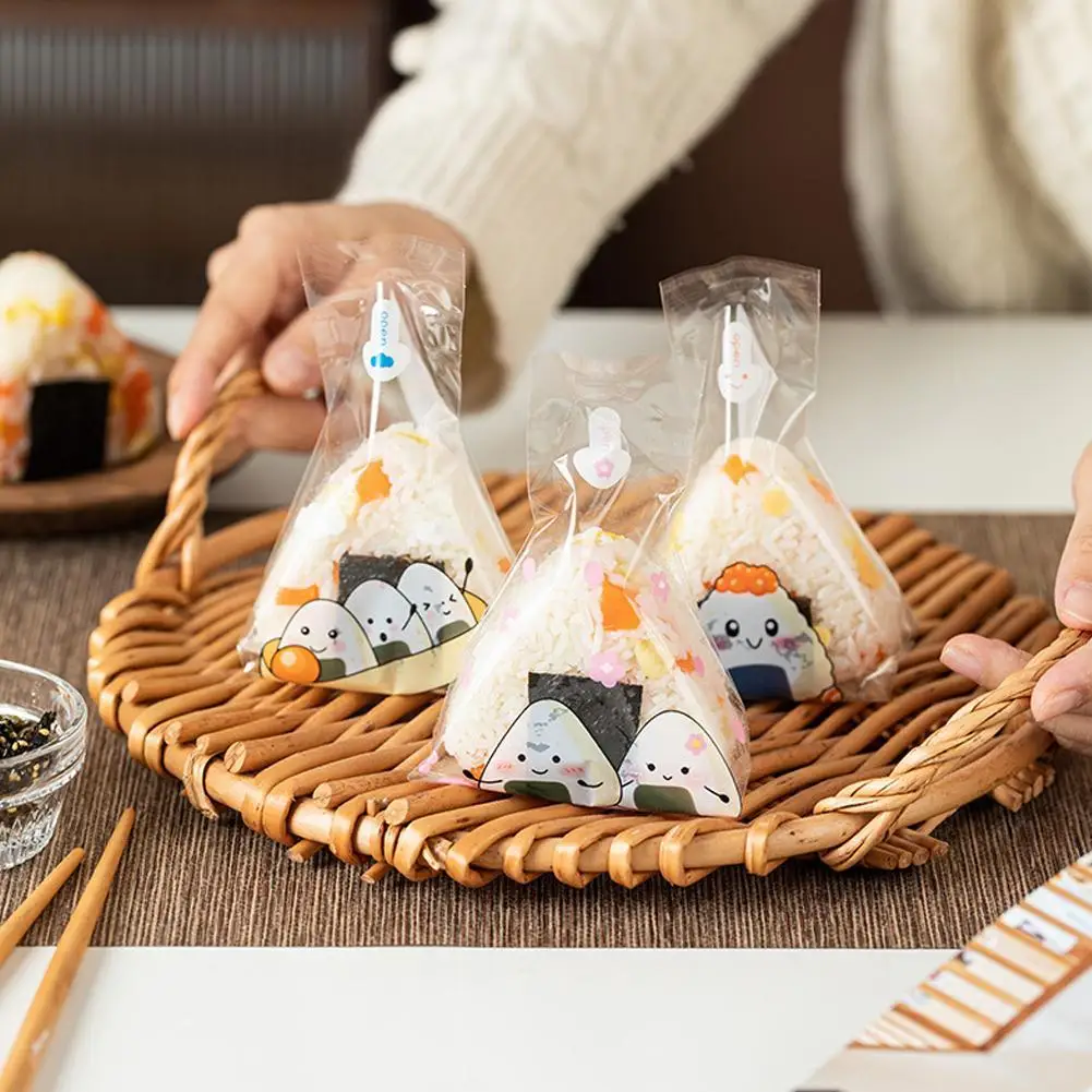 Double Layers Triangle Rice Ball Packing Bag Cherry Onigiri Packaging Anti-fog Tear Bag Blossoms Sushi Panda Easy Accessori D0P2