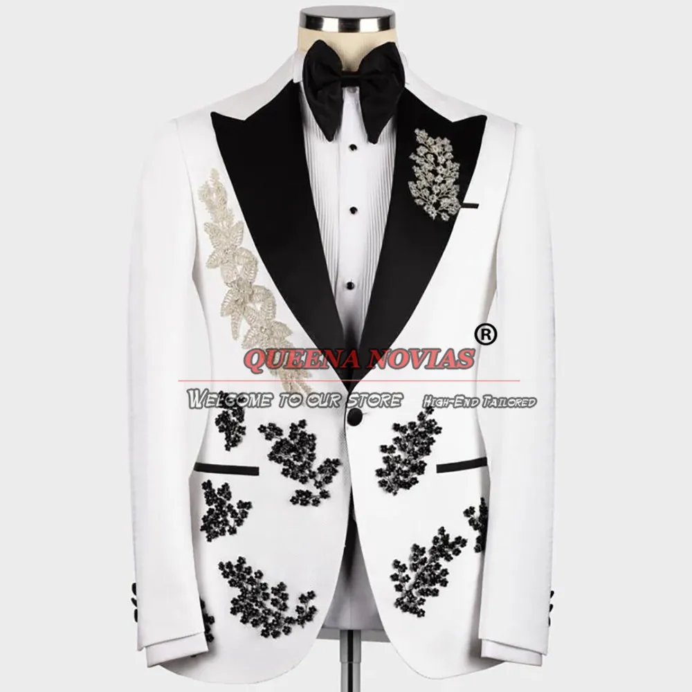 For Wedding Men Suits Crystals Beading ddmysmile White Jacket Vest Pants Black Trousers 3 Pieces Formal Groom Tuxedo Tailor-Made Smile
