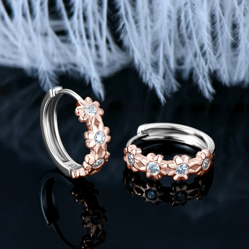 Yellow Gold Anziw Plated Women's ddmysmile Earrings Delicate Flower Hoops 2.2Mm Real Moissanite Sier Certified Jewelry Wedding Smile