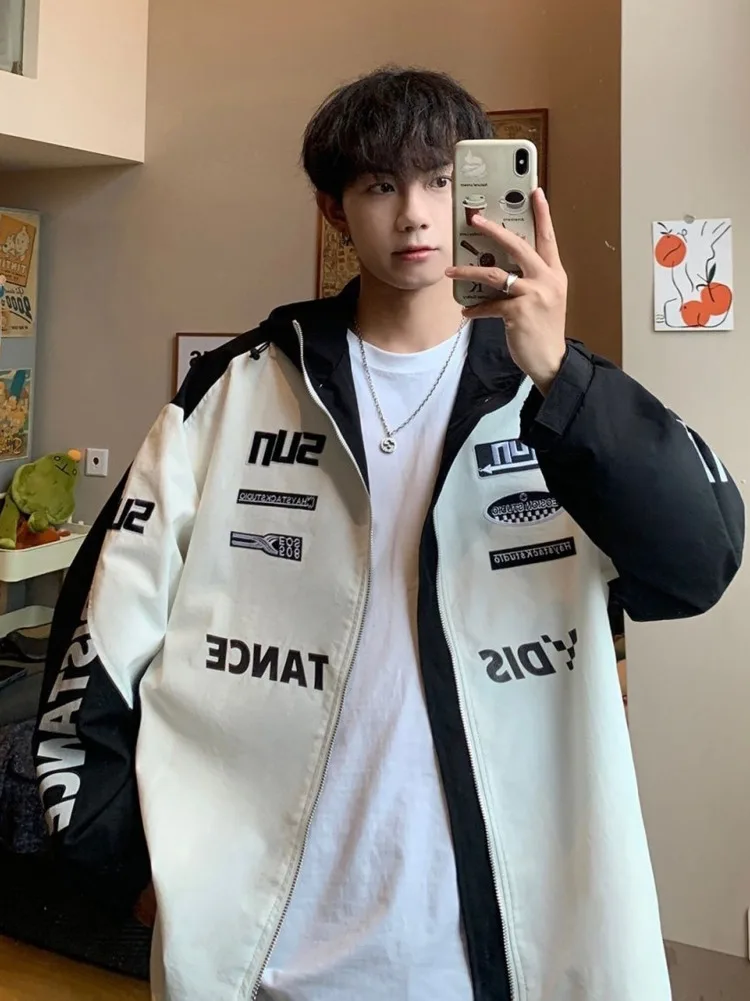 Street Autumn High Men Loose Letter Embroidery Baseball Bomber Outerwear Casual Coat Unisex Y2k Racer Hooded Jackets smile