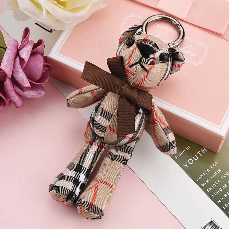 Keychains Lanyards Creative Solid Color Fabric Bear Plush Toy Striped Bow Teddy Bear Doll Pendant Bear Bag Doll Charm Keychain J240527