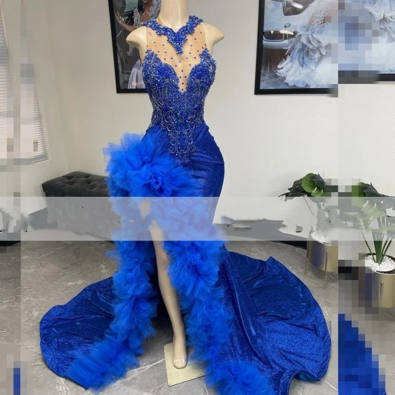 Royal Blue Vestidos De Gala Giltter High Split Prom Dresses 2024 Rhie Beading Ruffles Sequin Mermaid Birthday Party Gowns