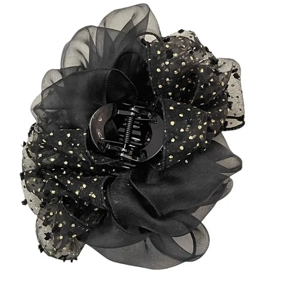 Double-sided Elegant Dots Black Mesh Bow Hair Claw Clips Large Crab Clip Barrettes Shark Clip Hair Accessories for Women smile