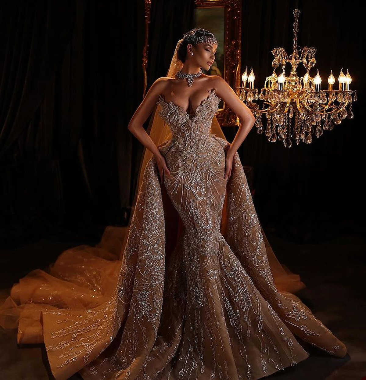 Mermaid Wedding Dresses Beads Sequins Crystals Lace 3D Appliques Detachable Train Backless Designer Custom Made Plus Size Bridal Gown Vestidos De Novi