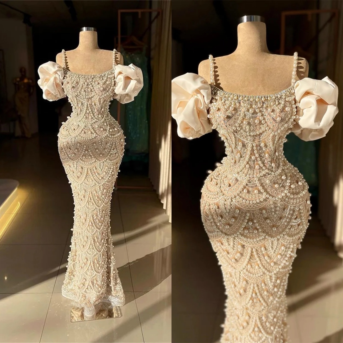 Stylish Pearls Mermaid Wedding Dresses Spaghetti Straps Bridal Gowns Sequins Sleeveless Custom Made Sweep Train Bride Vestido De Novia 0219