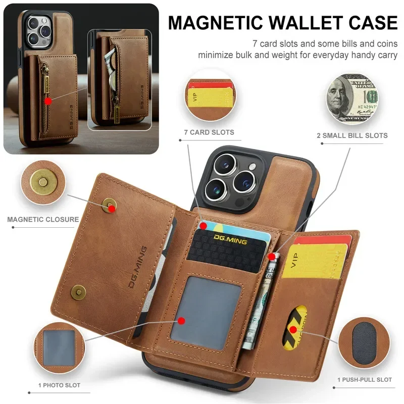 Magnetic Zipper Two-in-one Leather Wallet Card Phone Case for Samsung Galaxy S24 S23 FE S22 Plus S21 Ultra Purse Flip Cover Etui smile