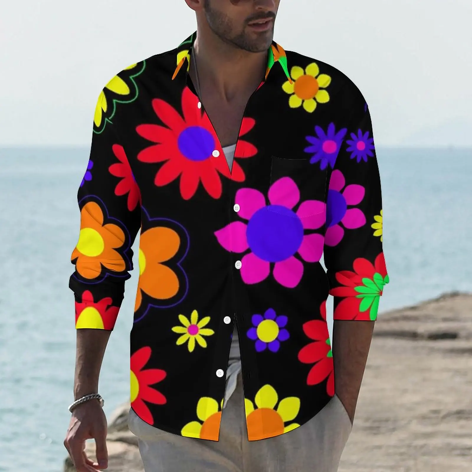 Pattern Streetwear Power Flower Casual Shirt Mens Retro Hippie 60s Shirt Autumn Novelty Blouses Long Sleeve Design Oversized Top smile