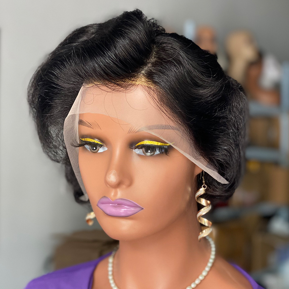 Front Lace Human Wig Headband 13x4 Wavy Curly Pixie Cut Frontal Wigs 6 inch Natural Black Baby Hair Wig