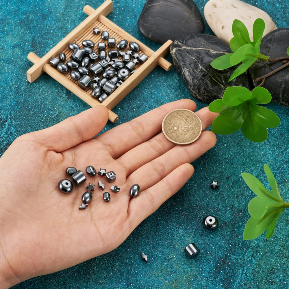 135Pcs Black Non-magnetic Synthetic Hematite Beads Star Nuggets Oval Round Loose Spacer Beads for Bracelet Jewelry DIY Making