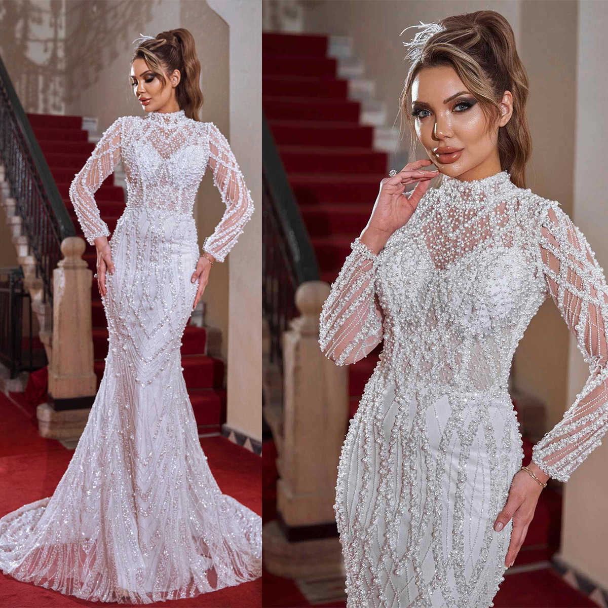 African White Mermaid Wedding Dresses Beads High Neck Long Sleeves Bridal Gowns Pearls Sequined Bride Dress