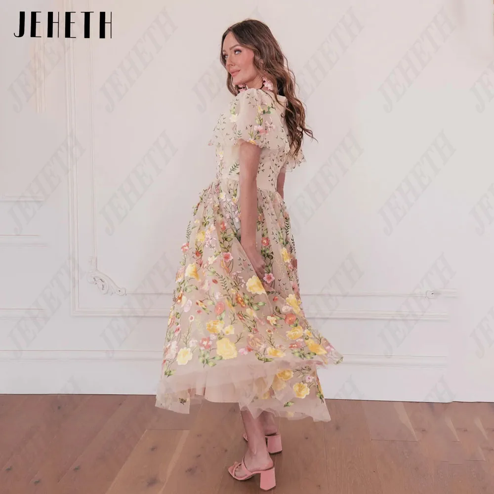 JEHETH Floral A-Line Lace Prom Dresses Embroidery V-Neck Short Sleeves Tulle Tea-Length 2025 new Vestidos De Gala Formal Party Gowns