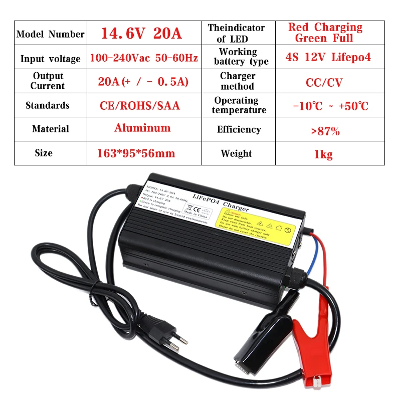 NEW 14.6V 20A Lifepo4 Charger 4S 12V 20A High Power Intelligent Lifepo4 Battery Pack Charger Aluminum Housing with Fan