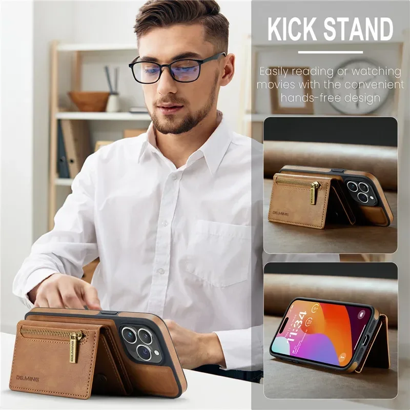 Magnetic Zipper Two-in-one Leather Wallet Card Phone Case for Samsung Galaxy S24 S23 FE S22 Plus S21 Ultra Purse Flip Cover Etui smile