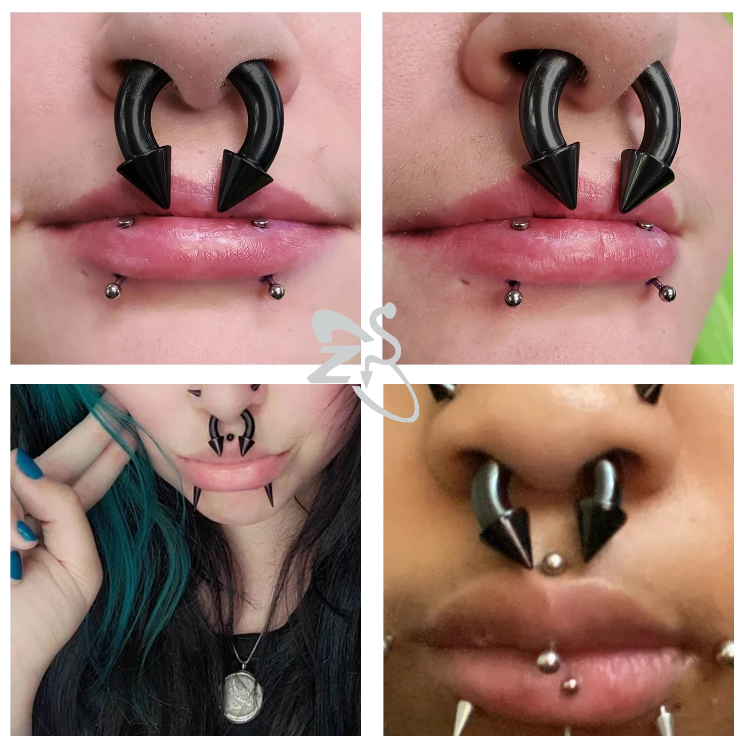 ZS 1PC Black Color Spike Horseshoe Nose Ring Stainelss Steel Cone Large Gauge Piercing Barbell Septum Nose Ear Expander 2/4/6/8G